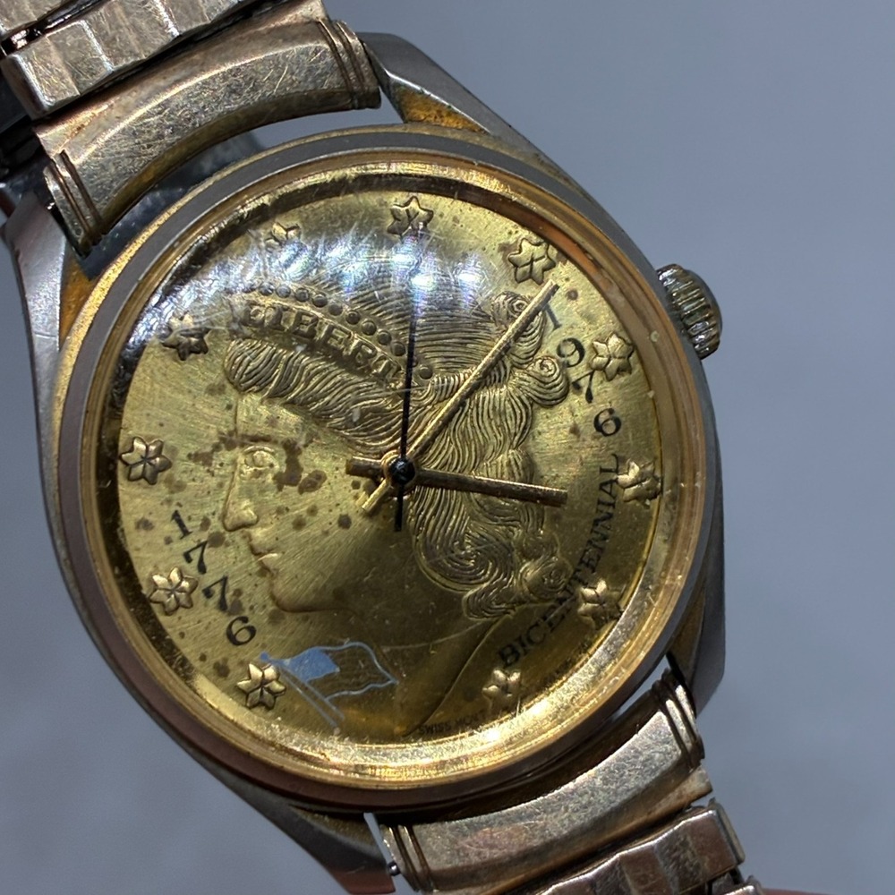 Vtg Bicentennial Coin Watch Unisex Lady Liberty Dial Gold Tone Swiss - Working!